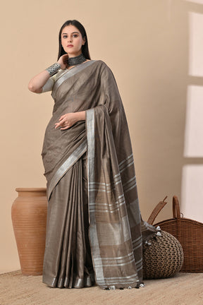 Earthbound Grace – Taupe Brown Cotton Slub Saree with Silver Accents