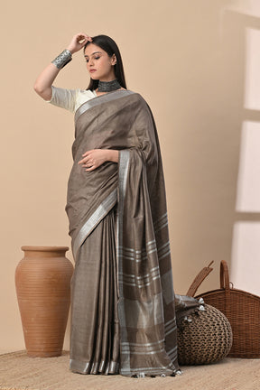 Earthbound Grace – Taupe Brown Cotton Slub Saree with Silver Accents