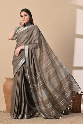 Earthbound Grace – Taupe Brown Cotton Slub Saree with Silver Accents