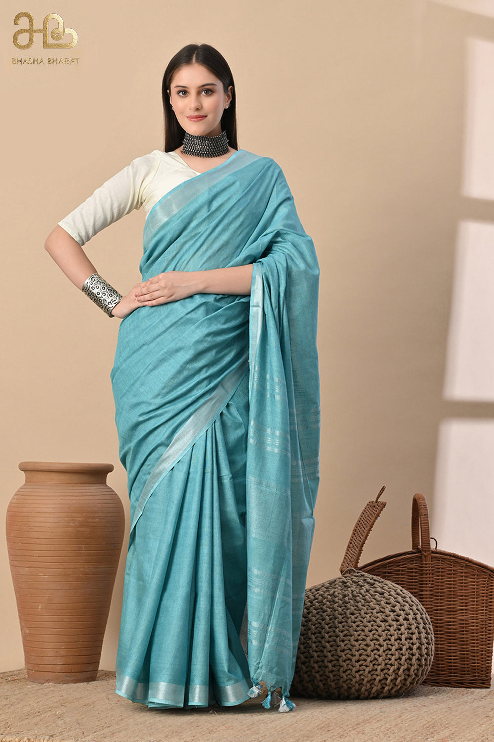 Aqua Serenity – Light Blue Cotton Slub Saree with Subtle Silver Weave