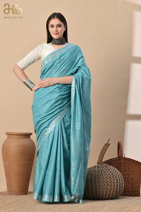 Aqua Serenity – Light Blue Cotton Slub Saree with Subtle Silver Weave