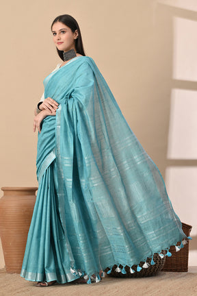 Aqua Serenity – Light Blue Cotton Slub Saree with Subtle Silver Weave