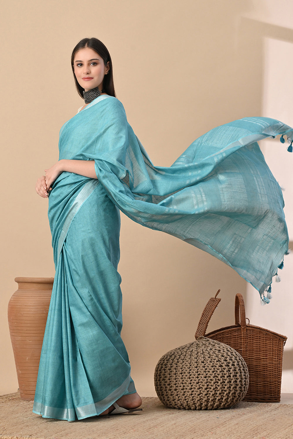 Aqua Serenity – Light Blue Cotton Slub Saree with Subtle Silver Weave