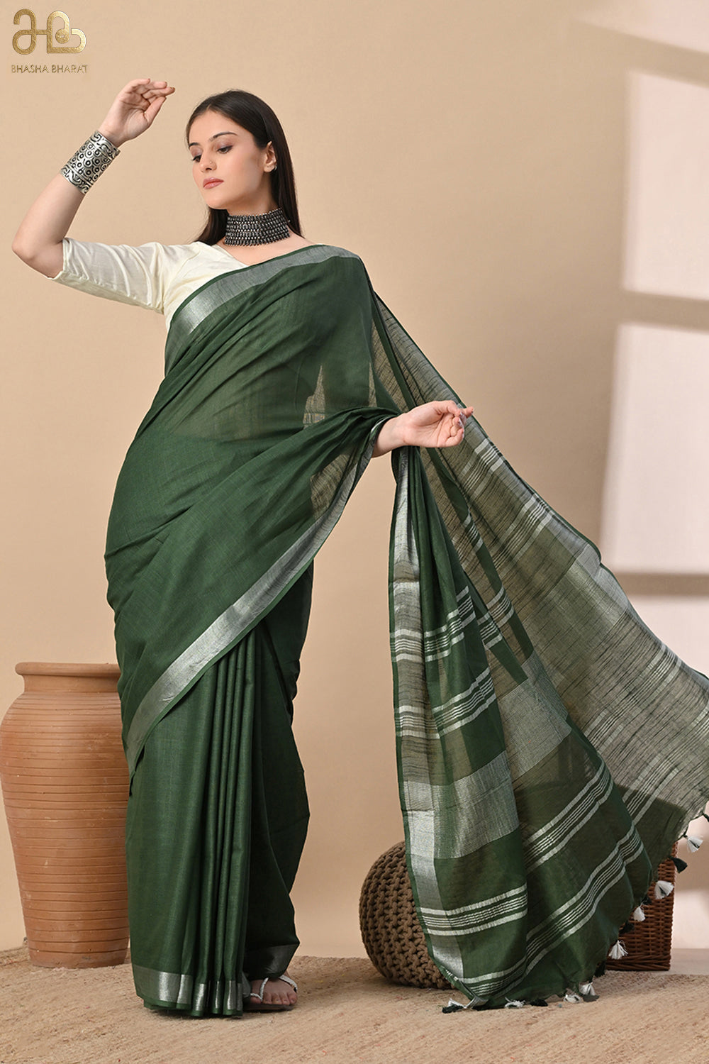 Forest Whisper – Deep Green Cotton Slub Saree with Subtle Silver Accents