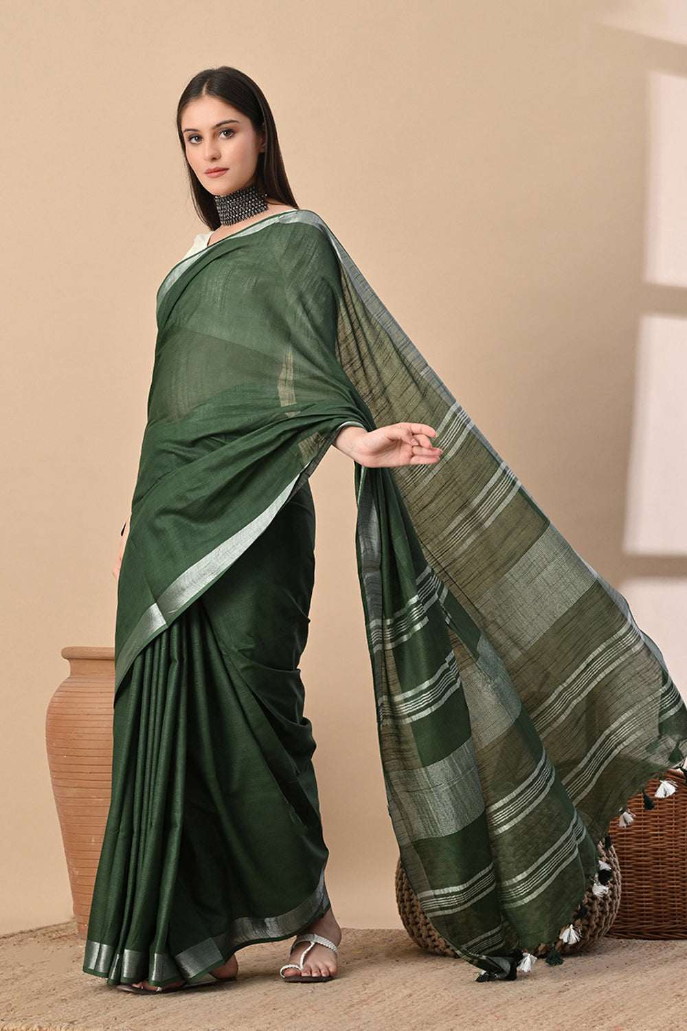 Forest Whisper – Deep Green Cotton Slub Saree with Subtle Silver Accents
