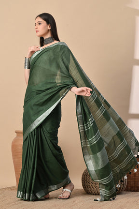 Forest Whisper – Deep Green Cotton Slub Saree with Subtle Silver Accents