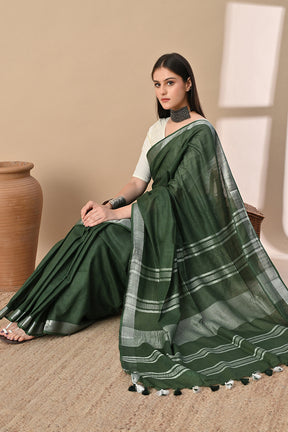 Forest Whisper – Deep Green Cotton Slub Saree with Subtle Silver Accents