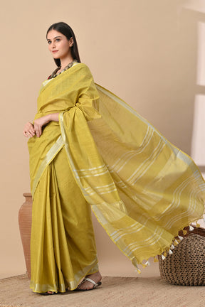 Golden Hour – Mustard Yellow Cotton Slub Saree with Handcrafted Charm