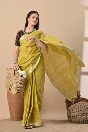 Golden Hour – Mustard Yellow Cotton Slub Saree with Handcrafted Charm