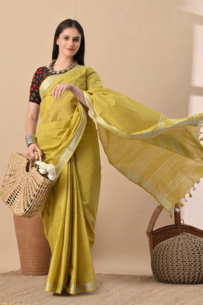 Golden Hour – Mustard Yellow Cotton Slub Saree with Handcrafted Charm
