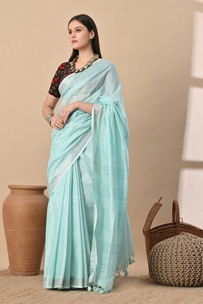 Aqua Whisper – Handwoven Cotton Slub Saree in Cool Serenity