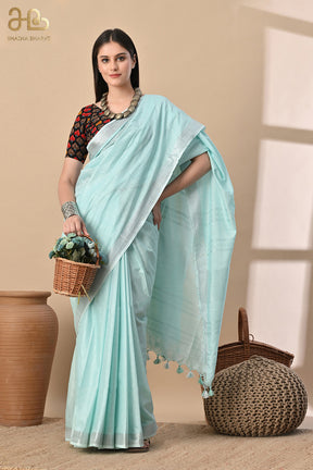 Aqua Whisper – Handwoven Cotton Slub Saree in Cool Serenity