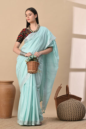 Aqua Whisper – Handwoven Cotton Slub Saree in Cool Serenity