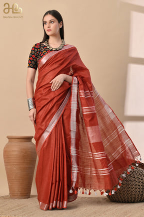 Rust Red Cotton Slub Buttery Soft Saree with Contrast Pallu.
