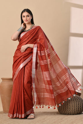 Rust Red Cotton Slub Buttery Soft Saree with Contrast Pallu.
