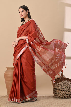 Rust Red Cotton Slub Buttery Soft Saree with Contrast Pallu.