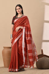 Rust Red Cotton Slub Buttery Soft Saree with Contrast Pallu.