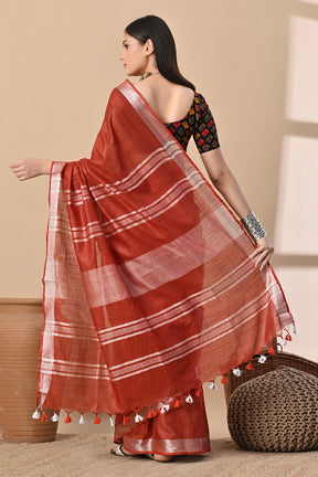Rust Red Cotton Slub Buttery Soft Saree with Contrast Pallu.