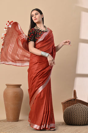 Rust Red Cotton Slub Buttery Soft Saree with Contrast Pallu.