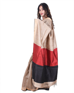 Handloom Natural Colour  Tussar Silk Saree with Red Border"