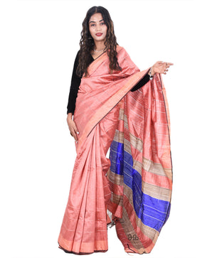 Handloom Light Pink Natural Tussar Silk Saree with stripe Border
