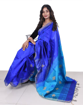 Handloom Royal Blue Natural Tussar Silk Saree with stripe Border"