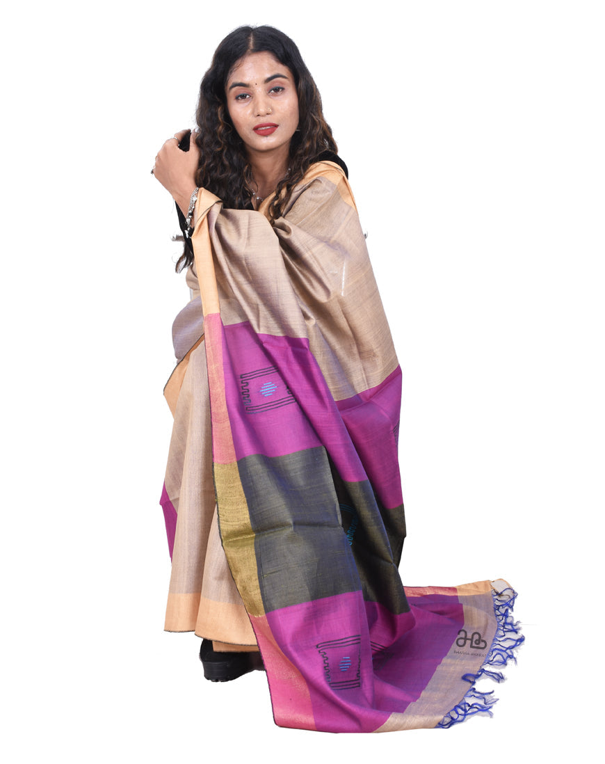 Handloom Tussar Silk Saree with stripe Purple Border"