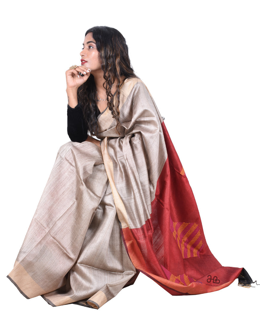 Handloom Natural Tussar Silk Saree with Red Pallu