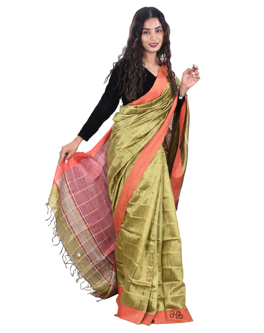 Handloom Metallic Natural Tussar Silk Saree with stripe border