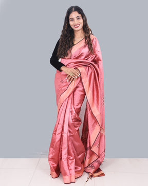 Handloom Pink  Colour Natural Tussar Silk Saree with Weaved border