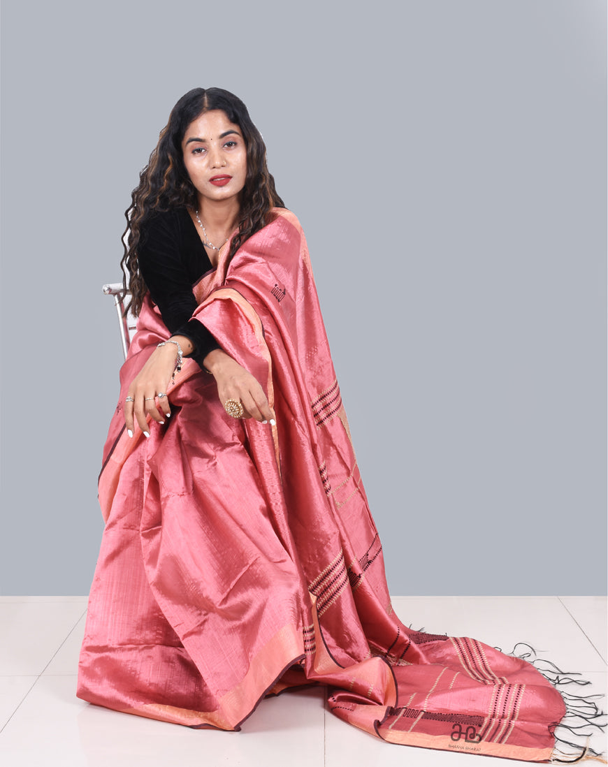 Handloom Pink  Colour Natural Tussar Silk Saree with Weaved border