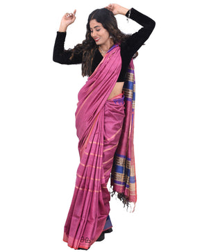Handloom Onion Color Natural Tussar Silk Saree with Weaved border