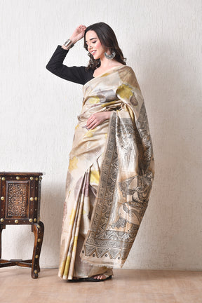 Handcrafted Hand-Painted Tussar Silk Saree – Bhasha Bharat