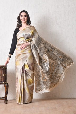 Handcrafted Hand-Painted Tussar Silk Saree – Bhasha Bharat