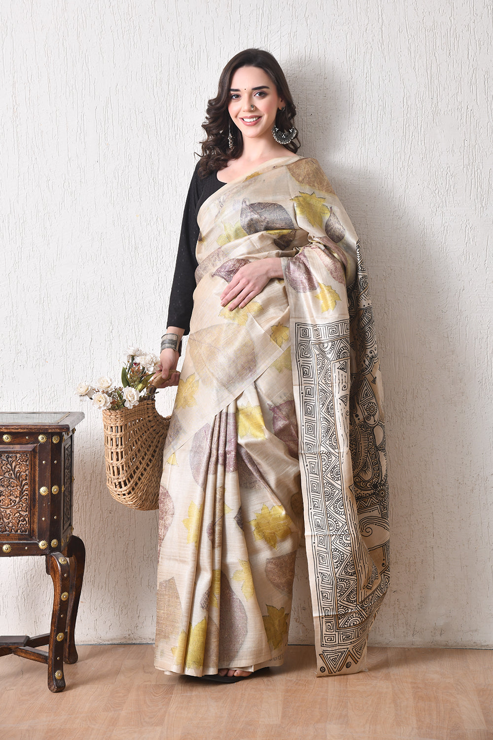 Handcrafted Hand-Painted Tussar Silk Saree – Bhasha Bharat