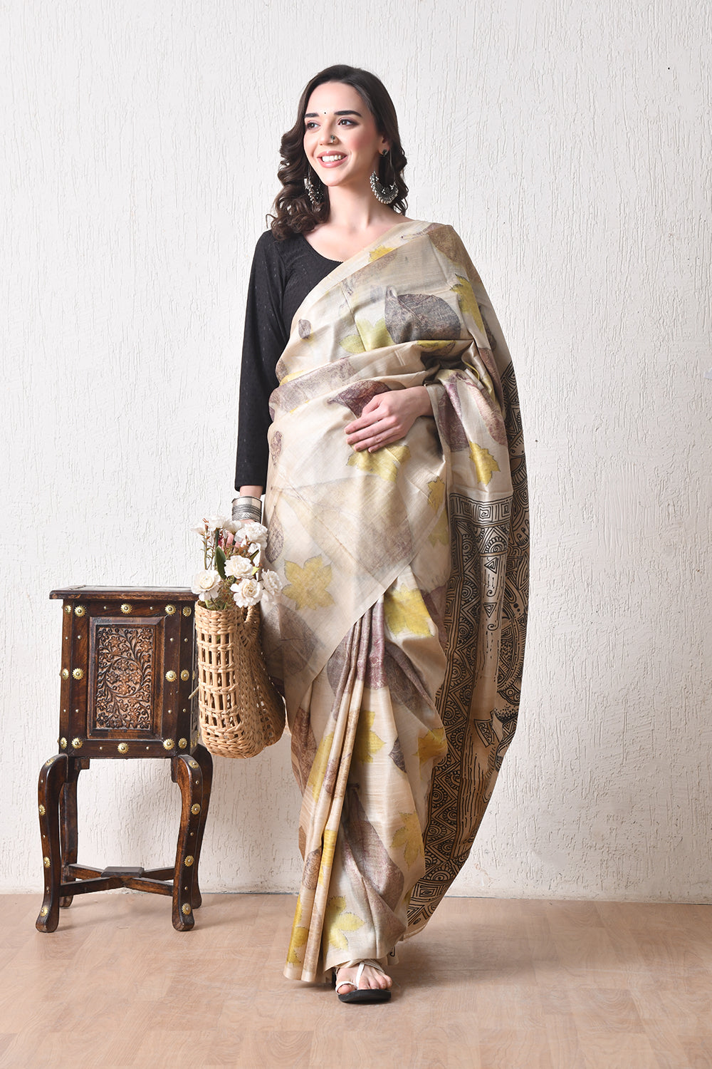 Handcrafted Hand-Painted Tussar Silk Saree – Bhasha Bharat