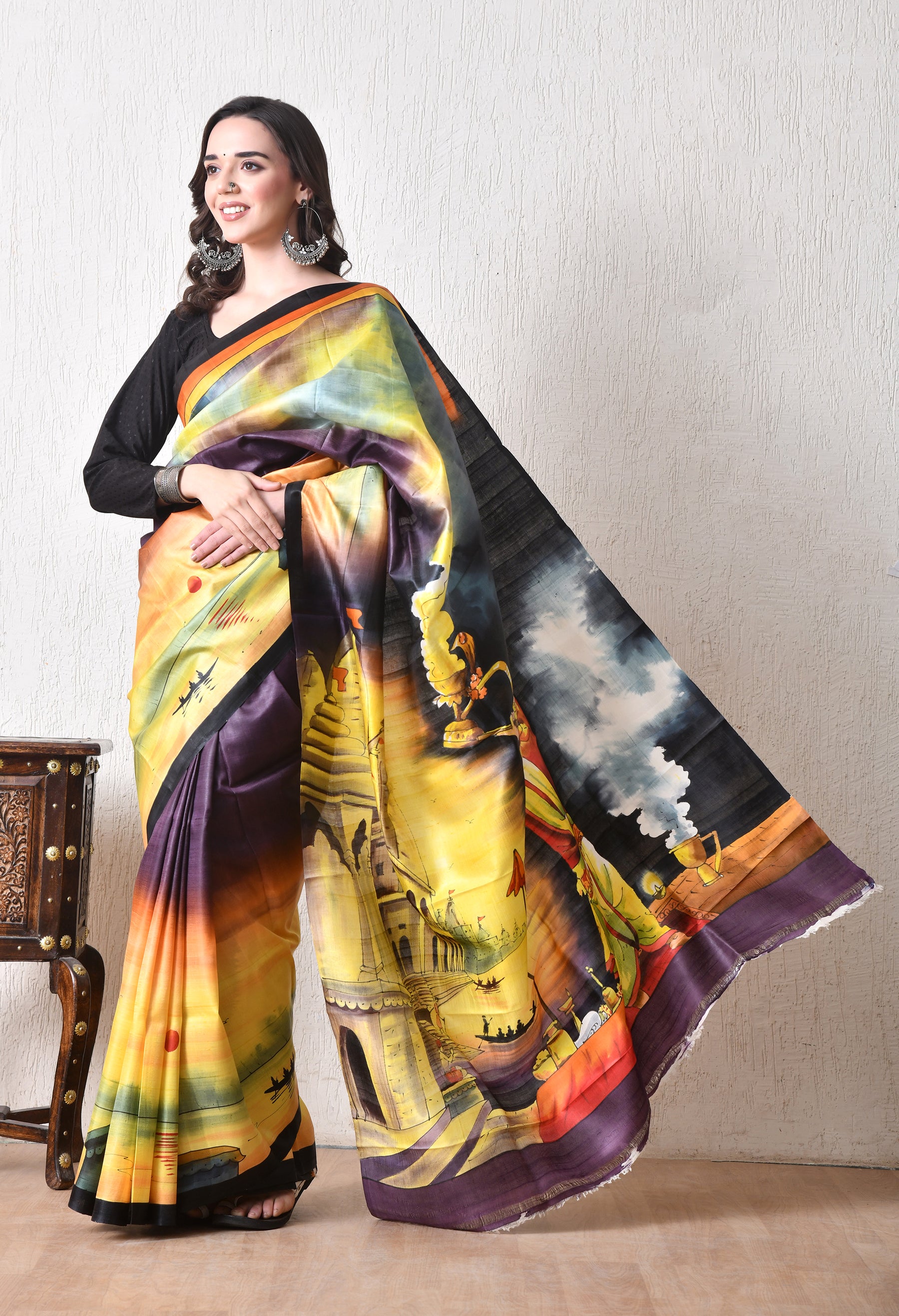 Handcrafted Hand-Painted Tussar Silk Saree – Bhasha Bharat
