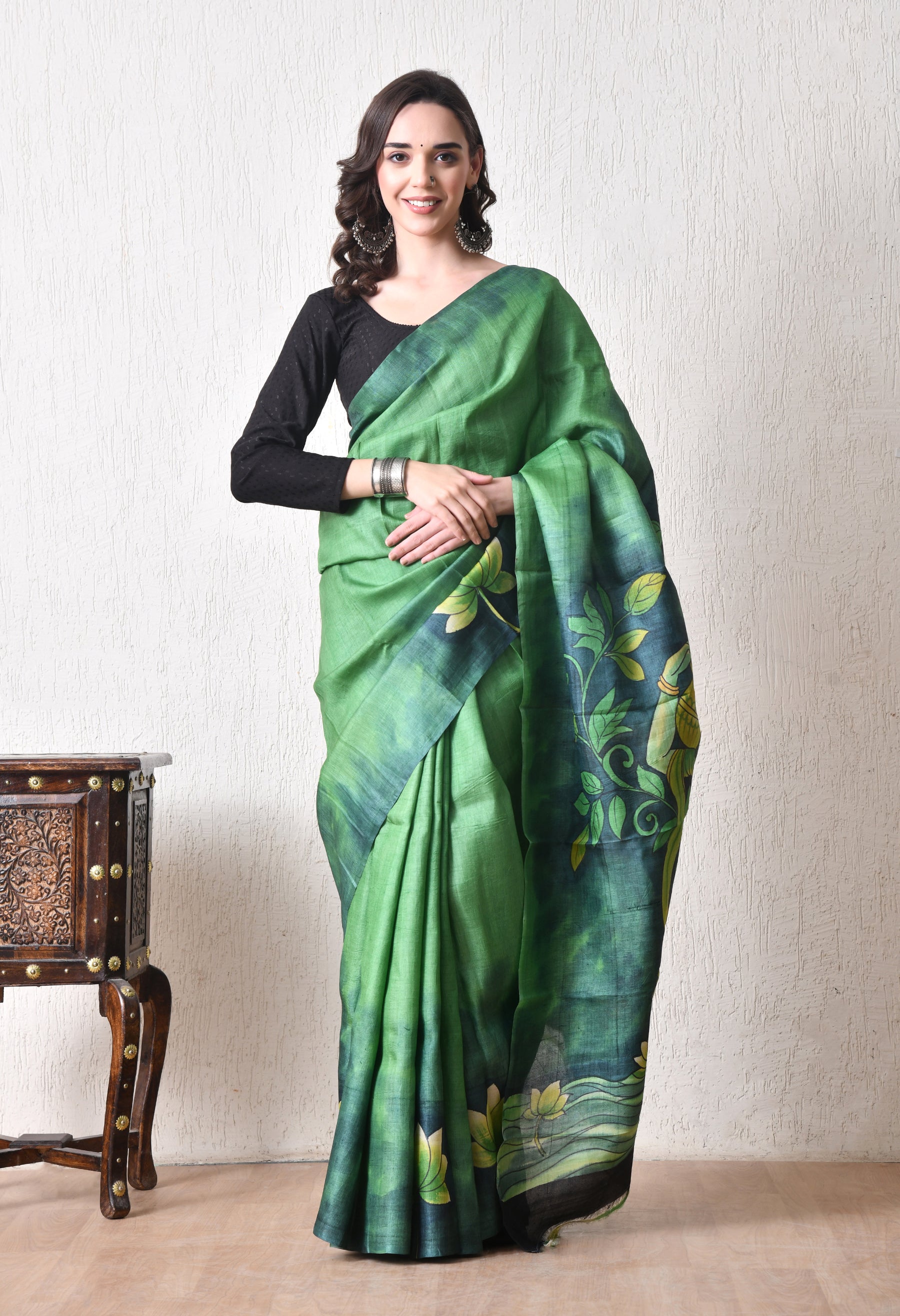 Handcrafted Hand-Painted Tussar Silk Saree – Bhasha Bharat