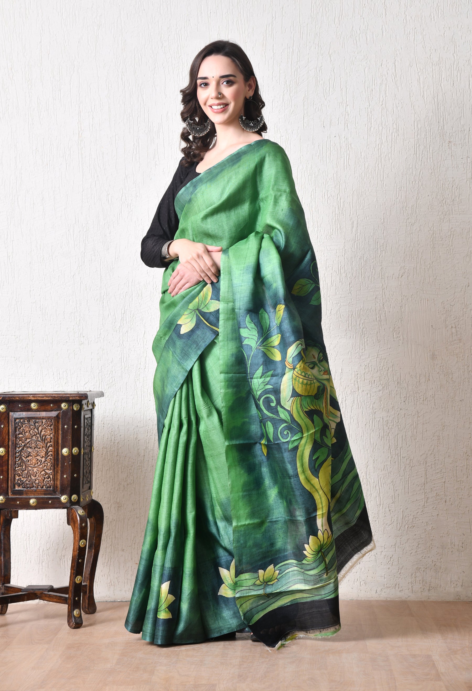 Handcrafted Hand-Painted Tussar Silk Saree – Bhasha Bharat