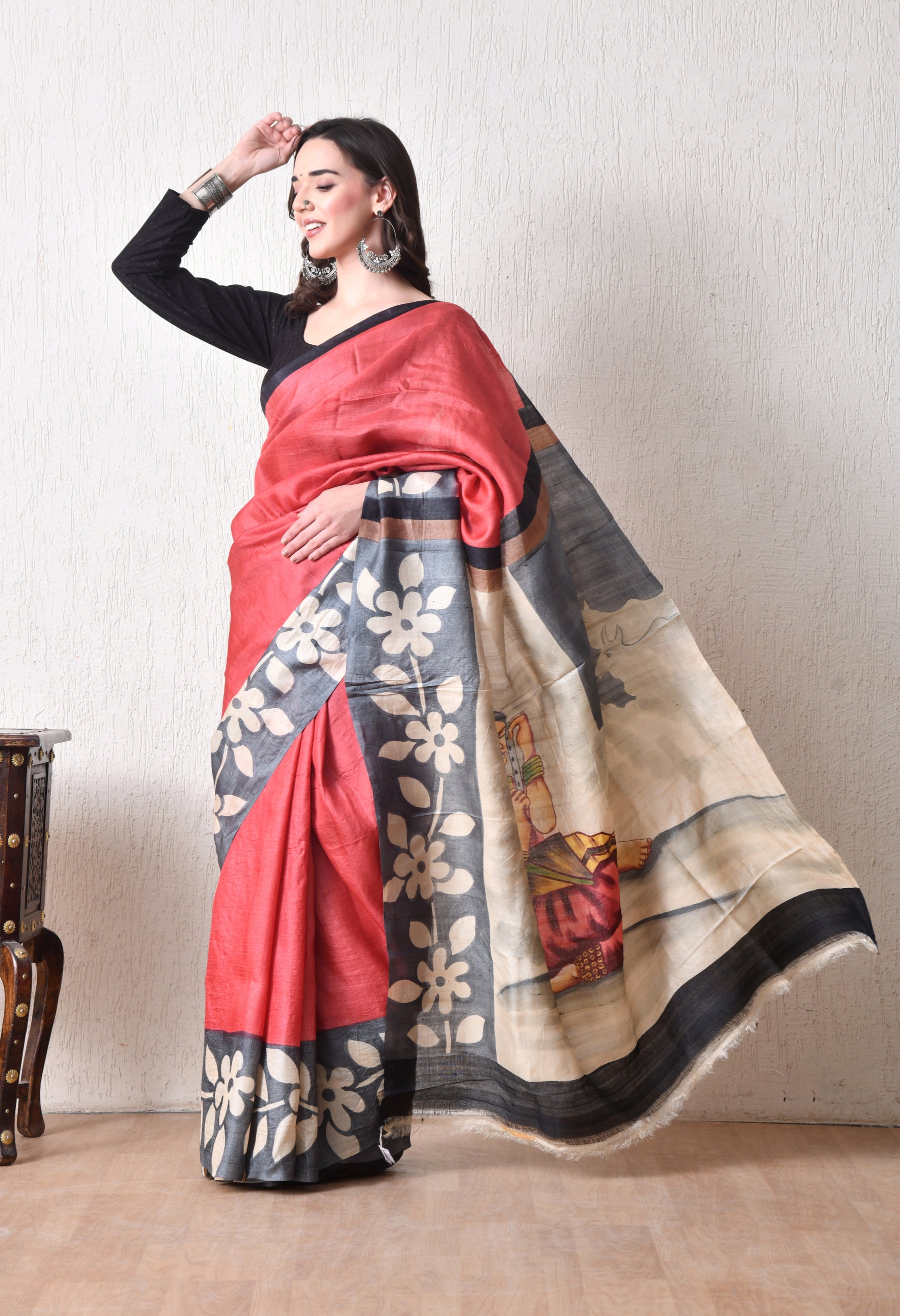 Handcrafted Hand-Painted Tussar Silk Saree – Bhasha Bharat