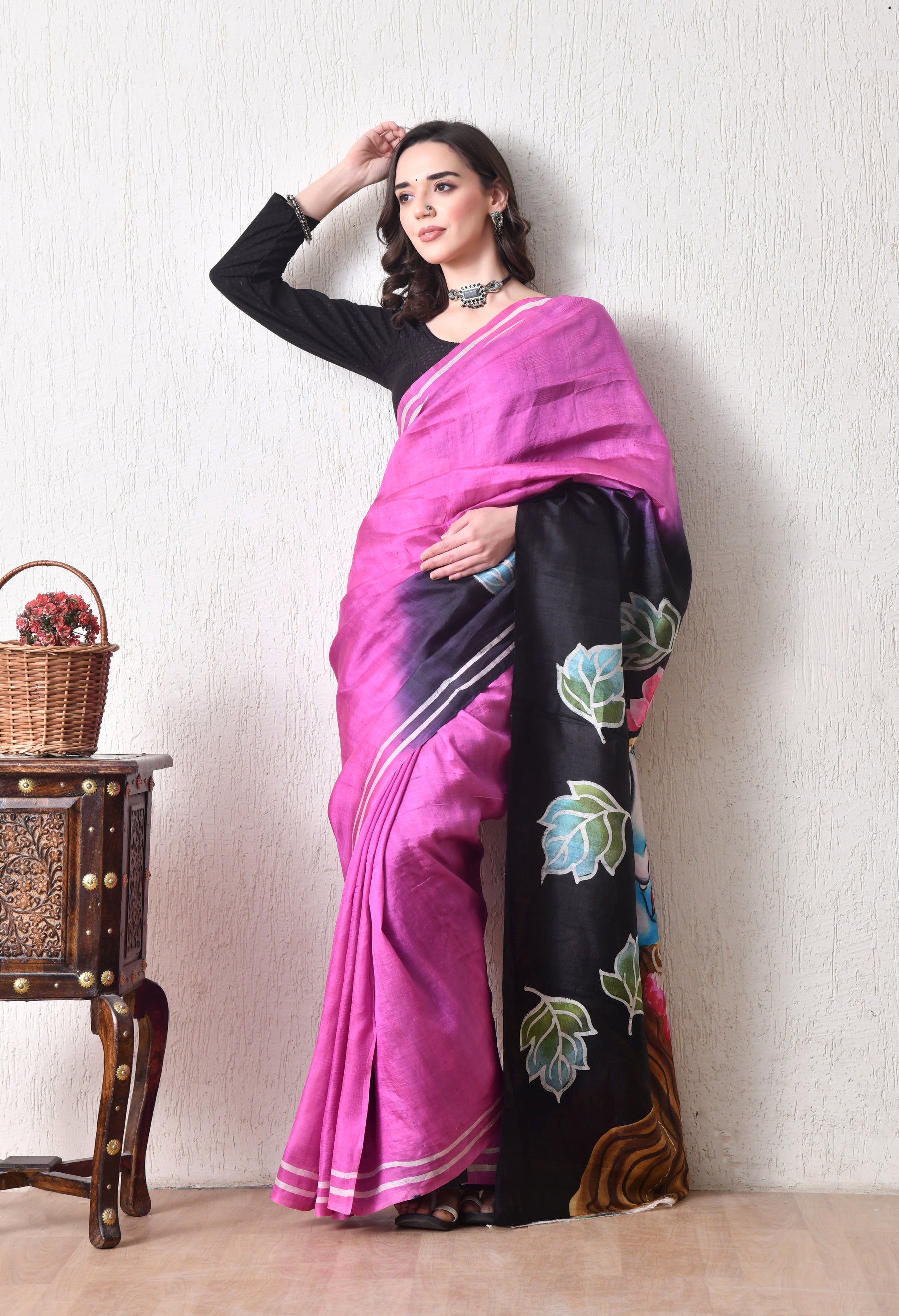 Handcrafted Hand-Painted Tussar Silk Saree – Bhasha Bharat