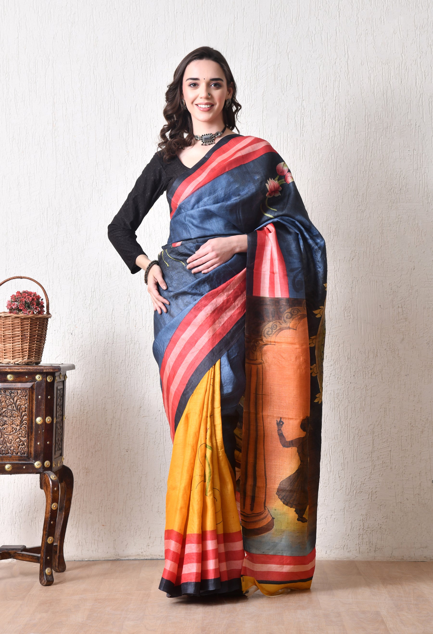 Handcrafted Hand-Painted Tussar Silk Saree – Bhasha Bharat
