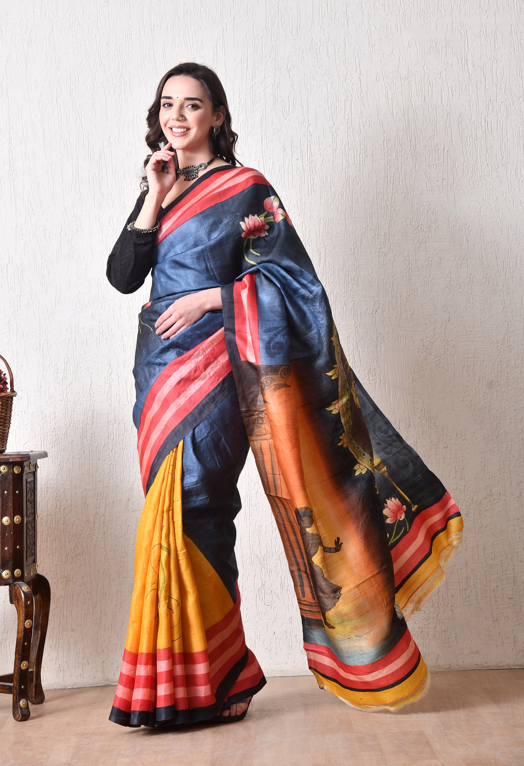 Handcrafted Hand-Painted Tussar Silk Saree – Bhasha Bharat