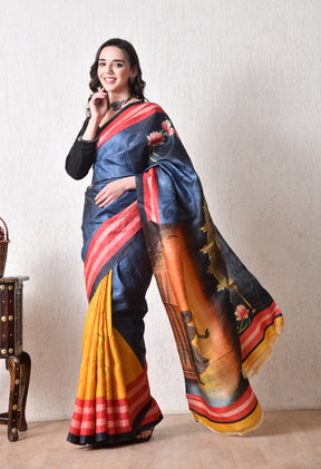 Handcrafted Hand-Painted Tussar Silk Saree – Bhasha Bharat
