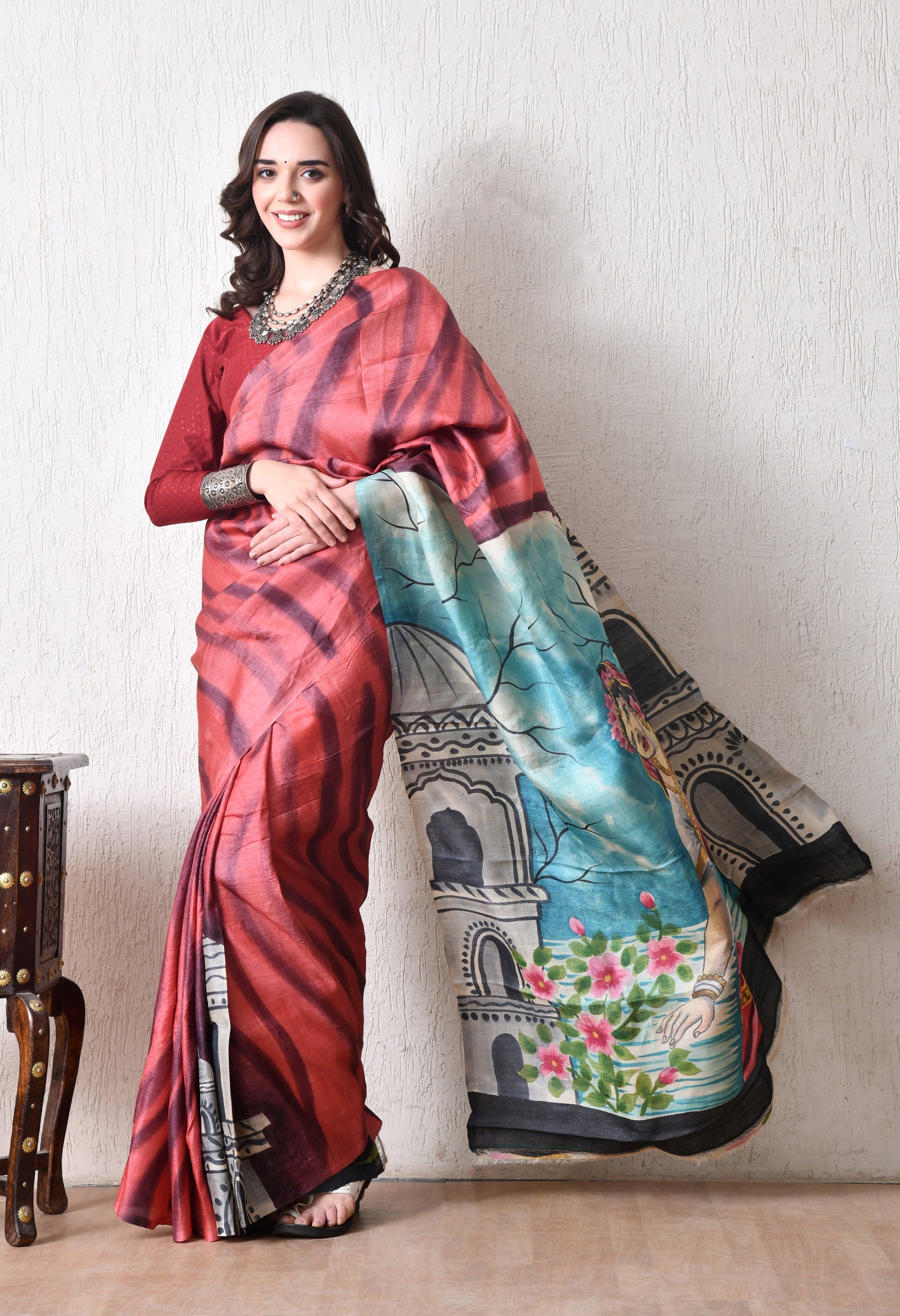 Handcrafted Hand-Painted Tussar Silk Saree – Bhasha Bharat