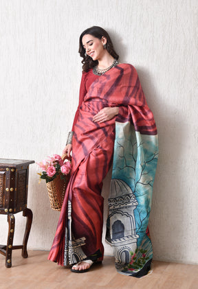 Handcrafted Hand-Painted Tussar Silk Saree – Bhasha Bharat