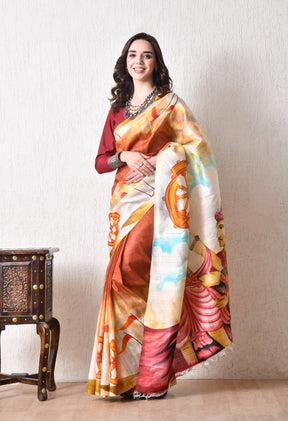 Handcrafted Hand-Painted Tussar Silk Saree – Bhasha Bharat