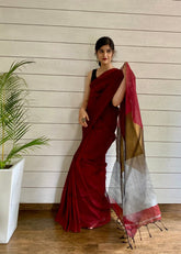 LINEN SILK MARRON COLOUR SAREE AND CONTRST BORDER