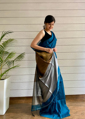 LINEN SILK BLUE COLOUR SAREE AND CONTRST BORDER