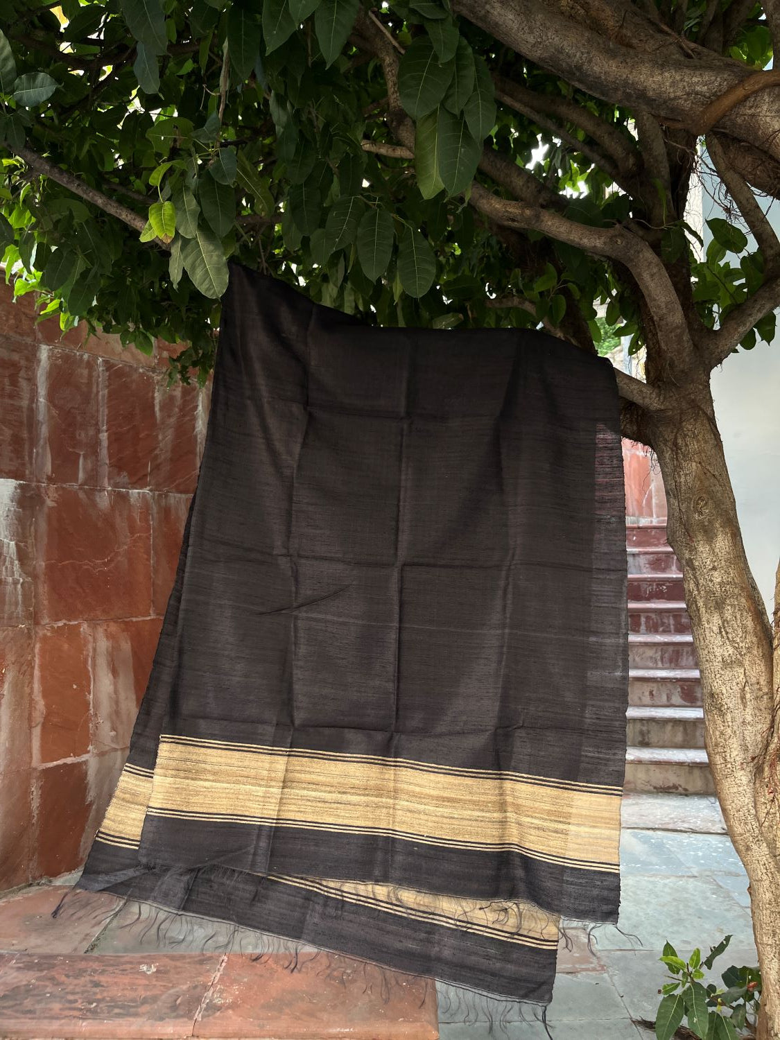 Handwoven Tussar Silk Dupatta Black Colour